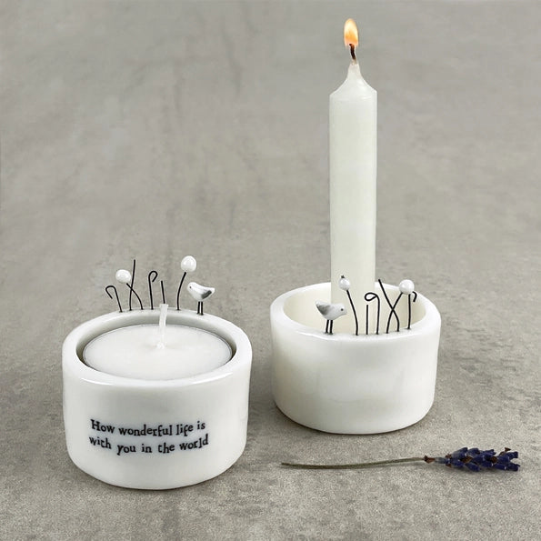 East Of India Porcelain Candle & Tea Light Holder 'How Wonderful Life Is'