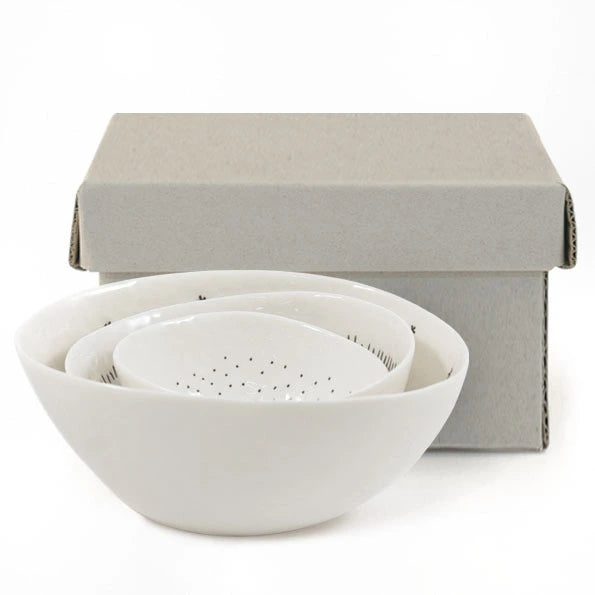 East Of India Porcelain Set Of 3 Bowls- Stars, Dashes & Dots