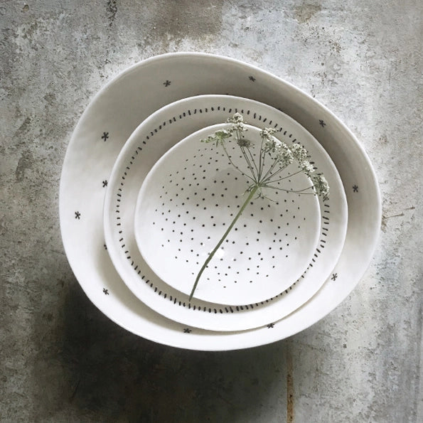 East Of India Porcelain Set Of 3 Bowls- Stars, Dashes & Dots