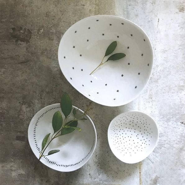 East Of India Porcelain Set Of 3 Bowls- Stars, Dashes & Dots