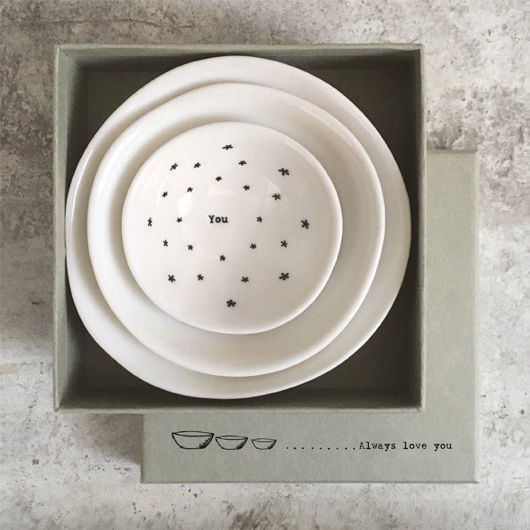 East Of India Porcelain Bowl Trio 'Always Love You'