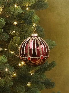 Gisela Graham Shiny Burgundy Glass Ball w Gold & Diamante Swags