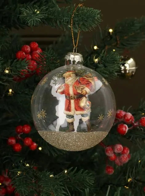 Gisela Graham Clear Glass & Gold Sparkling Nostalgia Santa Ball