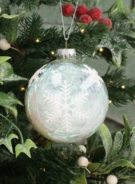 Gisela Graham Clear Glass Ball W Irid Tinsel & Snowflake - 80mm