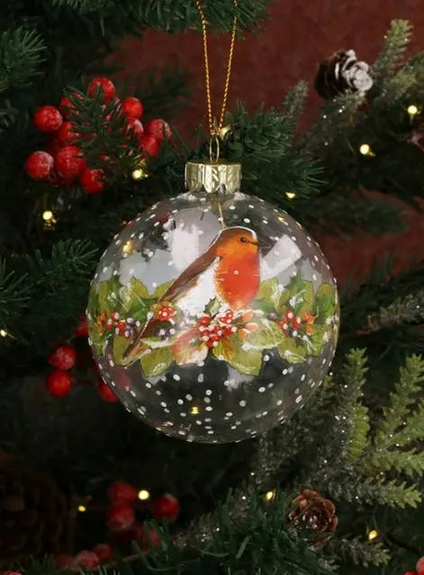 Gisela Graham Clear Glass Ball w Robin & Fruit