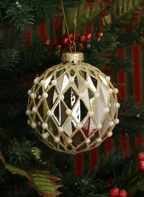 Gisela Graham Shiny Gold & Pearl Harlequin Glass Ball