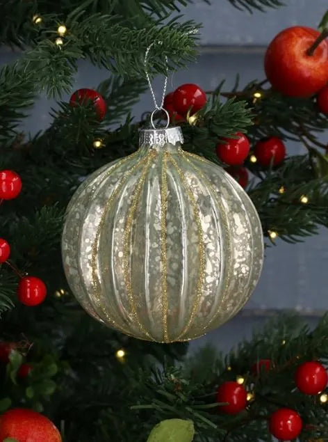 Gisela Graham Clear Green & Gold Ribbed Glass Ball