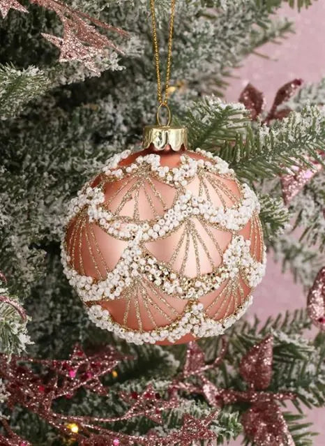 Gisela Graham Matt Pink Glass Ball w Gold Bead Swags