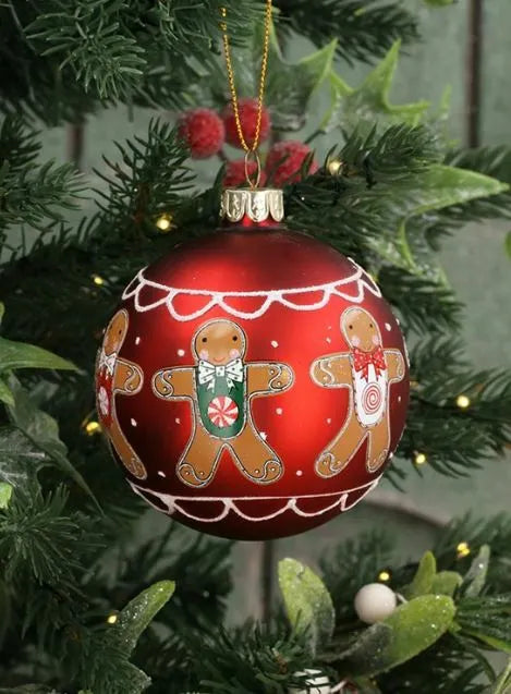 Gisela Graham Matt Red & Gingerbread Men Glass Ball