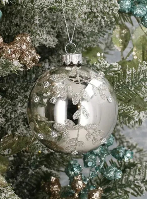Gisela Graham Laq Silver Glass Ball Diamante Leaf Drop