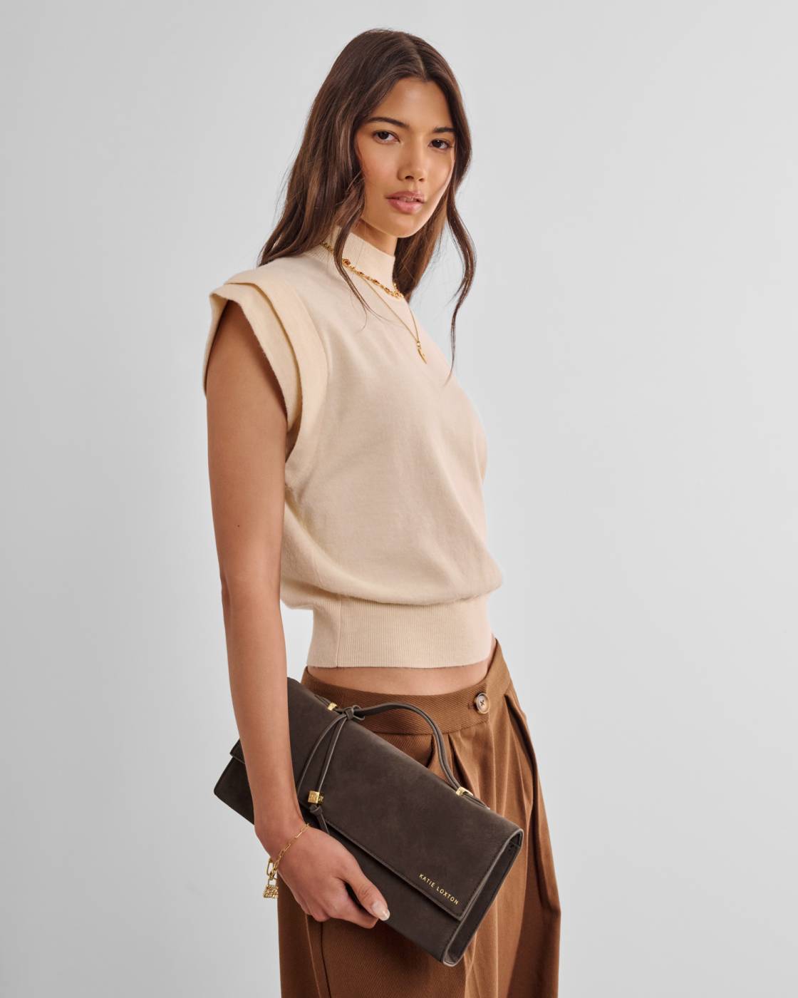 Katie Loxton Alma Clutch Bag Chocolate Suedette