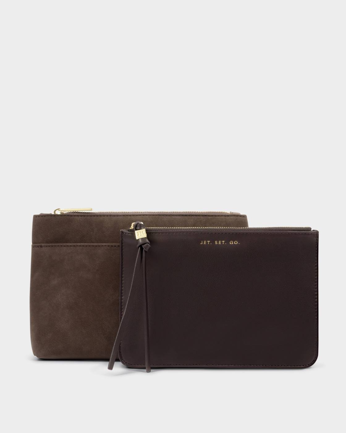 Katie Loxton Travel Duo Pouch Jet.Set.Go Chocolate Suede & Choc Faux Croc