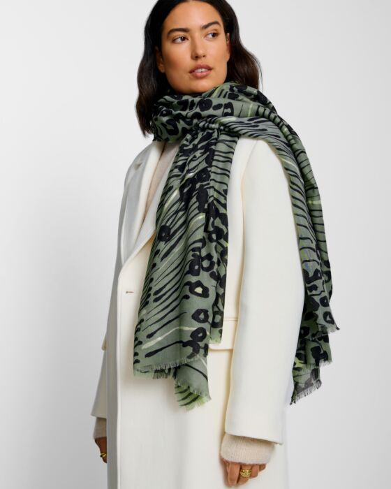 Katie Loxton Printed Foil Scarf Abstract Animal Graphite Green / Black / Silver Foil