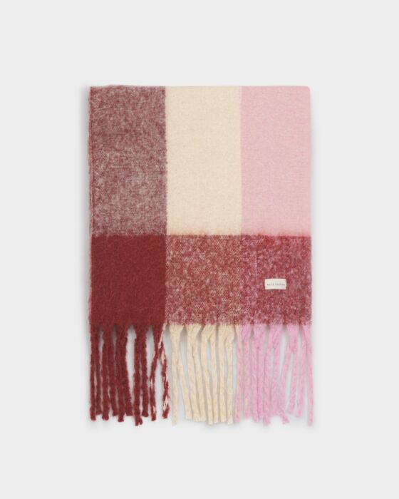 Katie Loxton Recycled Checked Tassel Scarf Pink/ Burgundy/ Cream