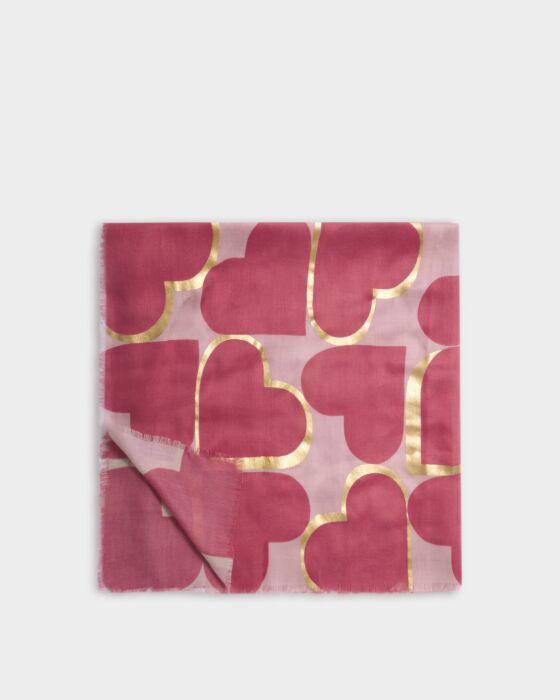 Katie Loxton Printed Foil Scarf Heart Raspberry & Gold Foil