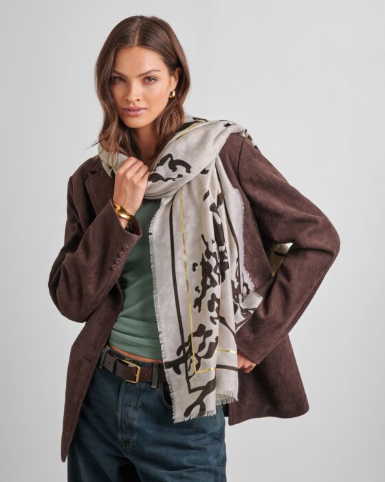 Katie Loxton Printed Foil Scarf Animal Light Taupe