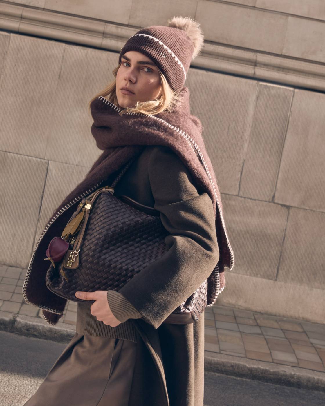 Katie Loxton Whipstitch Pom Pom Knitted Hat Chocolate