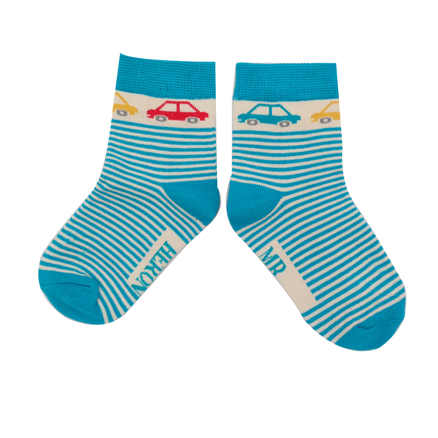 Mr Heron Boys Cars & Stripes Socks Teal 4-6Y