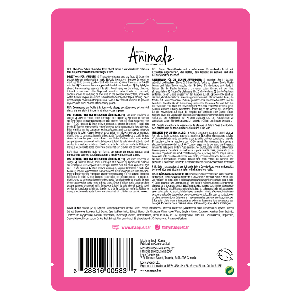 Masque Bar Pretty Animalz Pink Zebra Sheet Mask Target