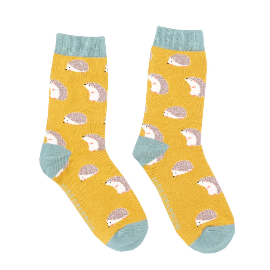 Miss Sparrow Cute Hedgehogs Socks Yellow