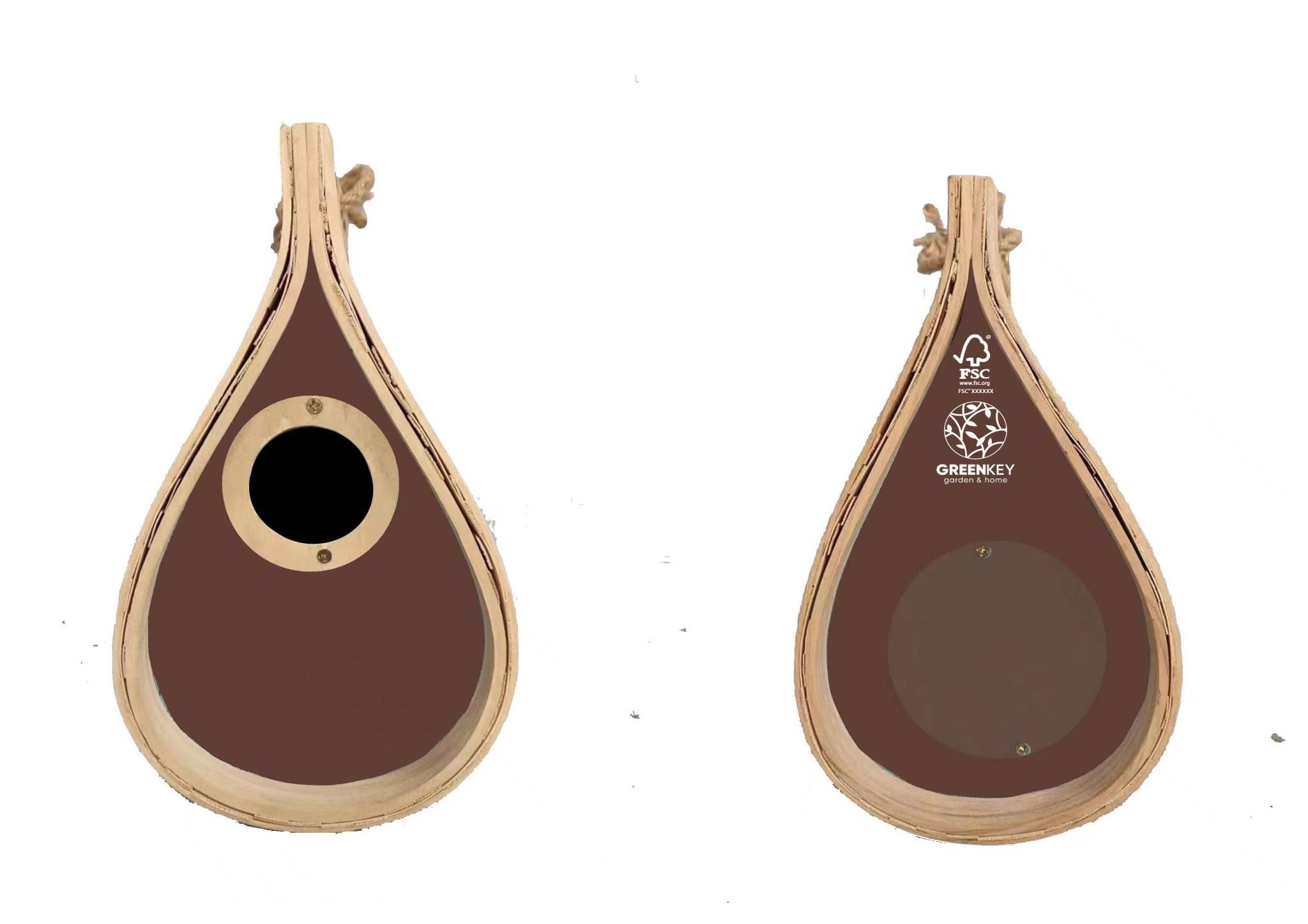 Greenkey Garden Teardrop Bird Box Natural & Dark Brown