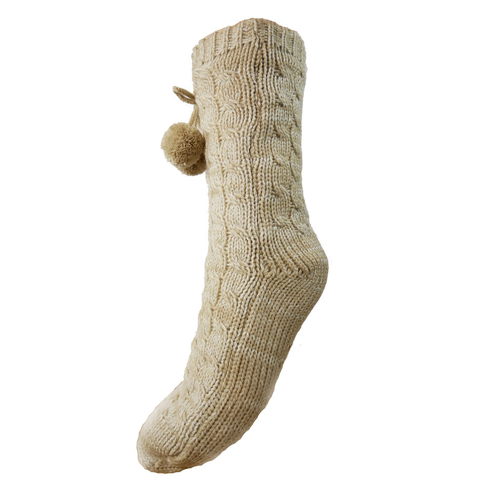 Gemjar Cream Cable Knit Fleece Lined Slipper Socks With Pom Poms