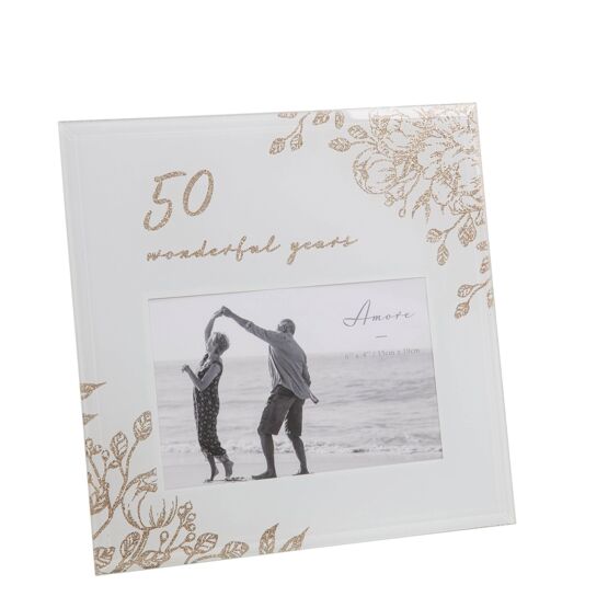 Amore 50 Wonderful Years Pale Grey Glass Gold Floral Frame 6x4"