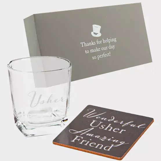 W B & Co Whiskey Glass & Coaster Usher