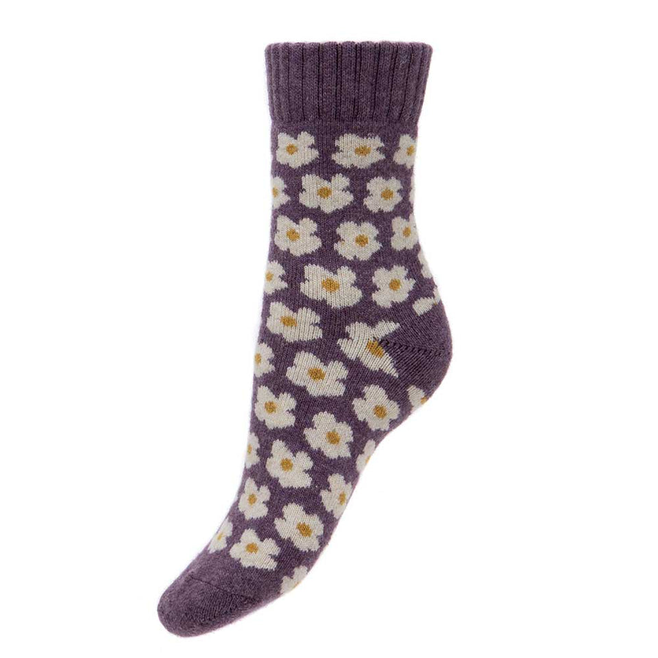 Gemjar Thick Purple Wool Blend Socks With Ribbed Cuff & Daisies