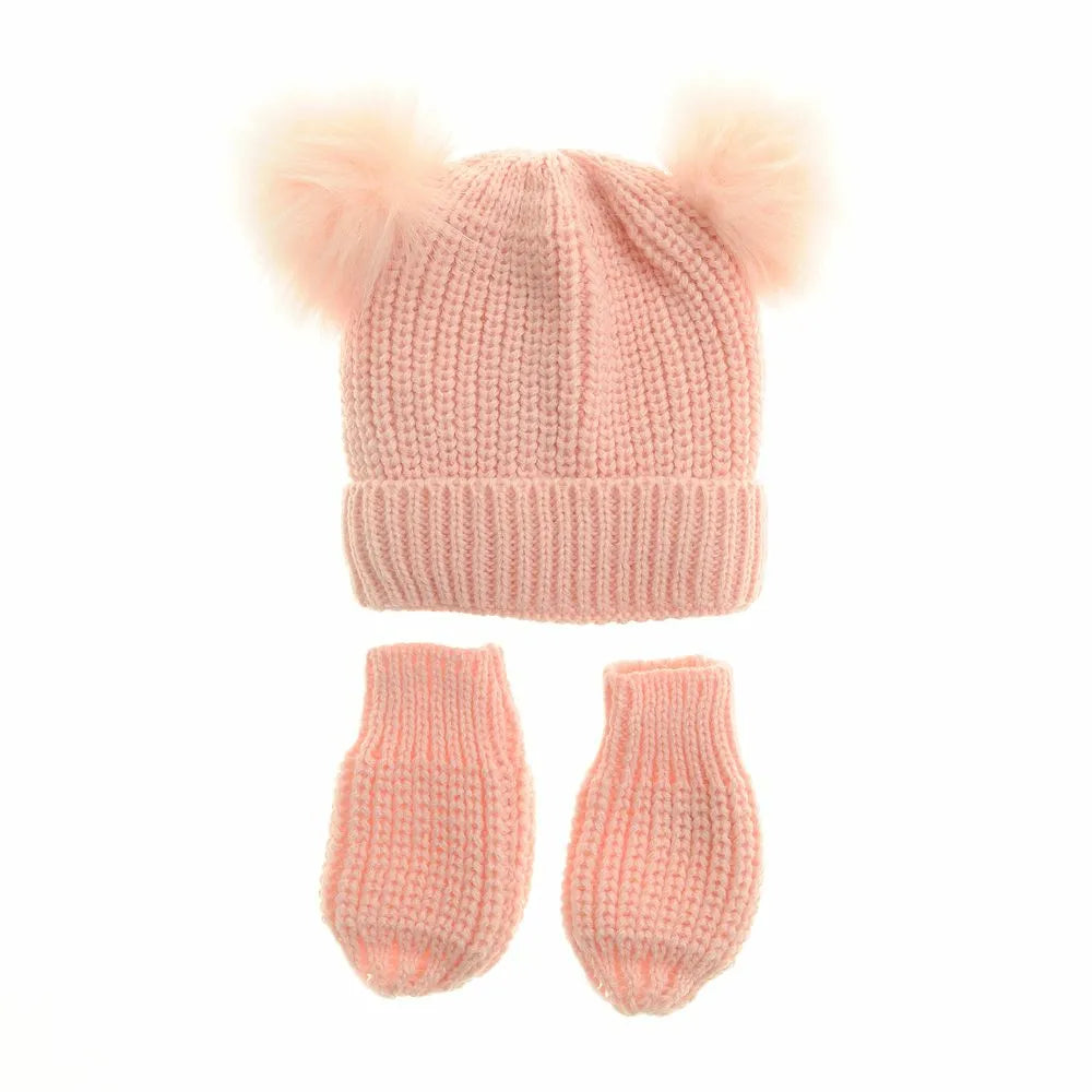 Ziggle Pink Double Bobble Hat and Mittens - 12-24 months