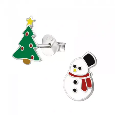 HT Sterling Silve Studs Snowman & tree